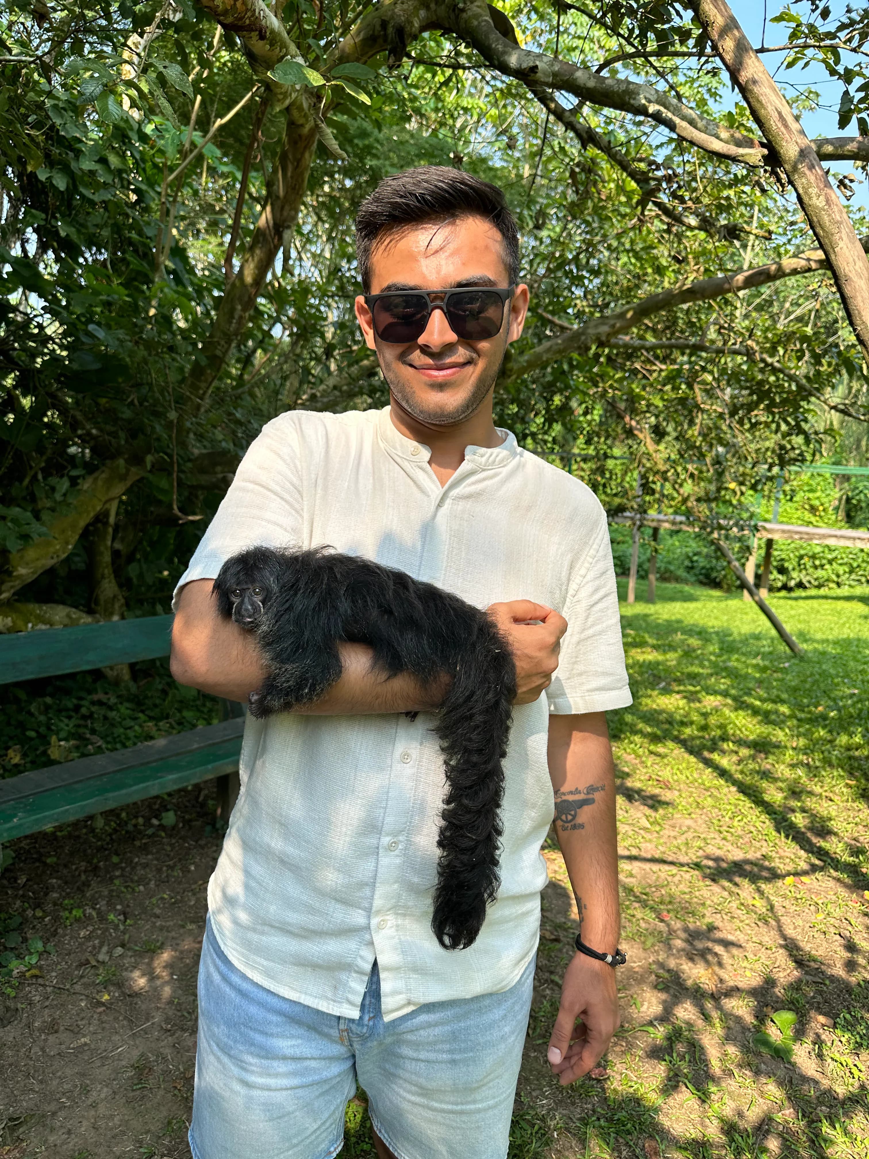 A traveller holding a spider monkey under Amazon rainforest trees